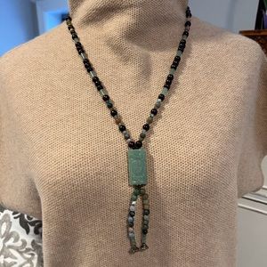 Hand-made Carved Serpentine Green Barrel Bead Necklace